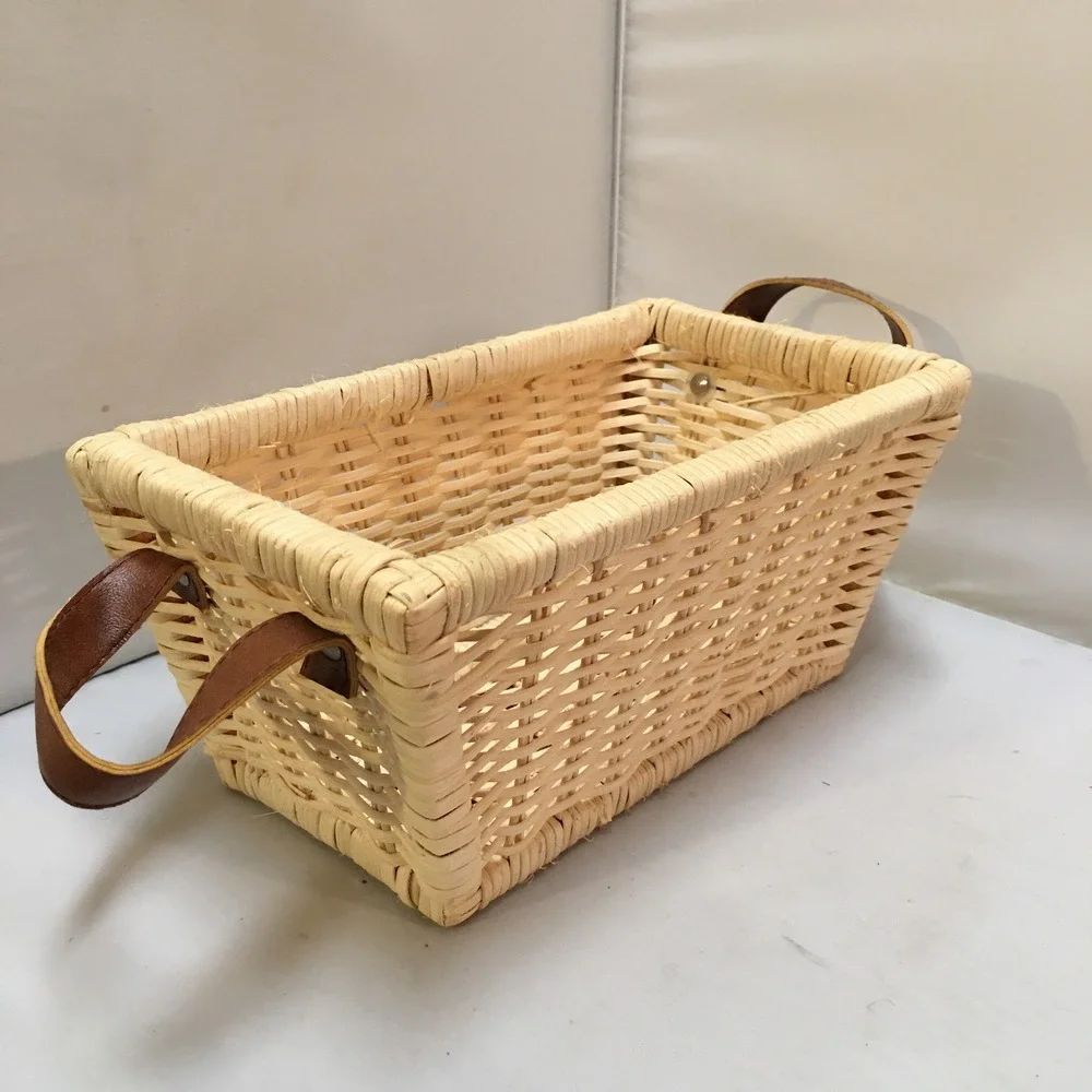 Woven Wicker Storage Basket Unisex Small Natural Tan Leather Handles Cottagecore